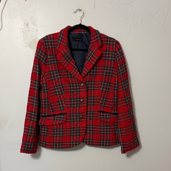 Talbots 12 Red Tartan Plaid Wool Blend Blazer Jacket - Picture 2 of 8